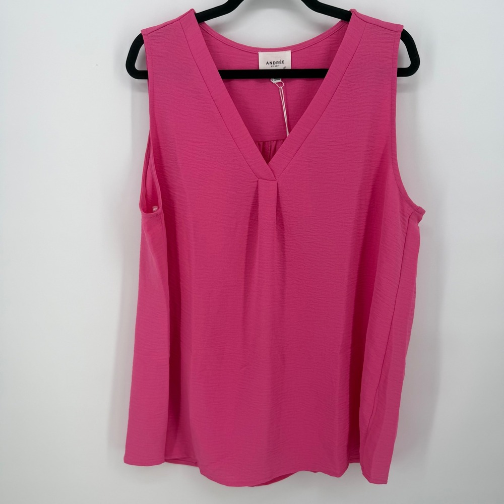 Andree by Unit Crepe Sleeveless Blouse Womens XL Hot Pink New Pleated V-Neck Top